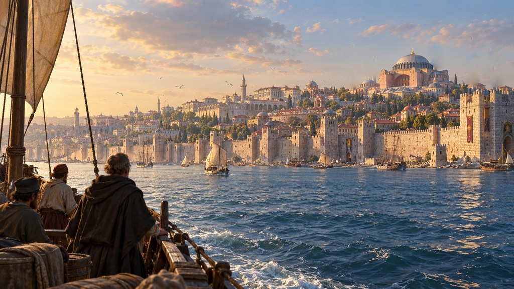 İstanbul Hikayeleri için yapay zekâyla üretilmiş temsilî görsel: Piskopos Arculf'un gemisi denizden, deniz surları ve kuleleriyle çevrili Konstantinopolis'e yaklaşıyor.